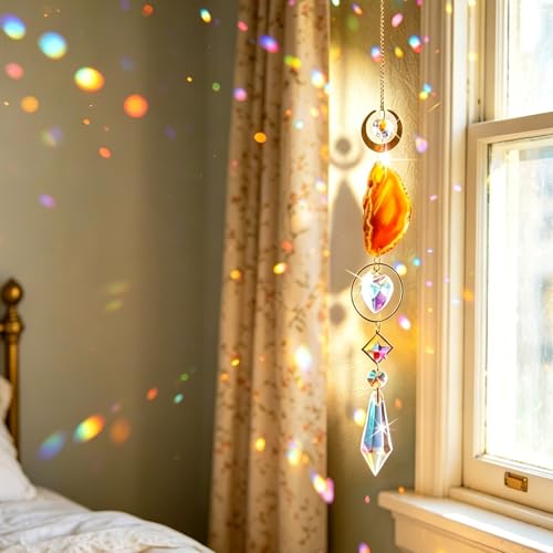 Crystal Suncatcher Hanging for Window, Tree of Life Sun Catcher with Prisms and Agate Slices, Garden Suncatchers for Home Outdoor Wedding Decor, Lemon Yellow