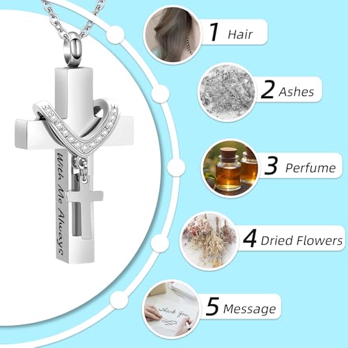 Cremation Jewelry for Ashes Pendant - Cross Urn Necklace with Mini Keepsake Urn Memorial Ashes Jewelry - With Me Always Silver-With Me Always