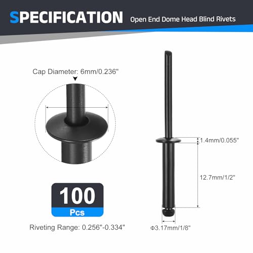 BOLTALIVON 1/8 x 1/2 inch black 304 stainless steel open-end blind rivets, 100 pieces