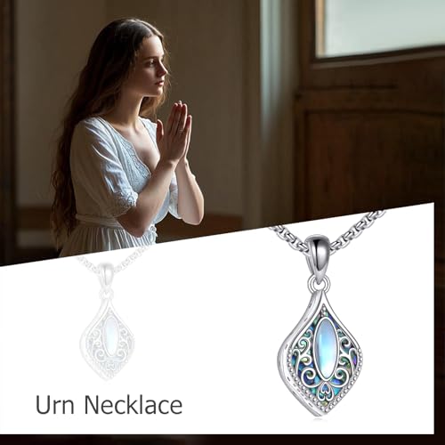ONEFINITY Urn Necklaces for Ashes 925 Sterling Silver Filigree Moonstone/Teardrop Turquoise Necklace for Ashes Keepsake Memorial Cremation Jewelry for Ashes for Women Lady Filigree Moonstone Abalone