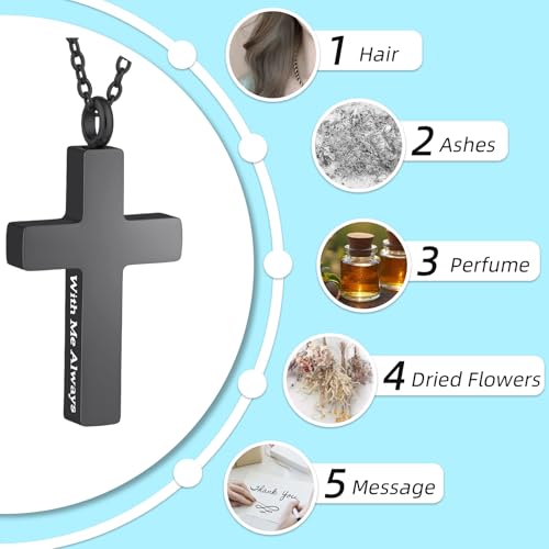 Cremation Cross Necklace for Ashes Stainless Steel Cross Urn Pendant with Mini Keepsake Ashes Holder Memorial Jewelry - With Me Always Black-With Me Always