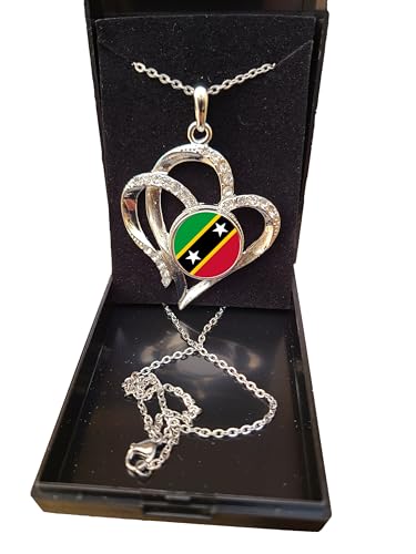 Saint Kitts And Nevis Caribbean Heart Shaped Silver Colour Necklace And Diamante Pendant And Gift Box