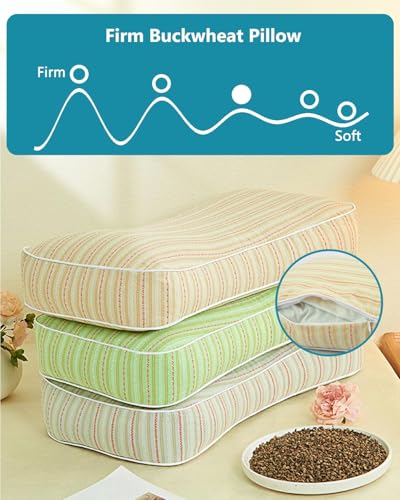 Edomi buckwheat pillow with cotton cover, adjustable firmness, green color, designed for pain relief and deep sleep support.