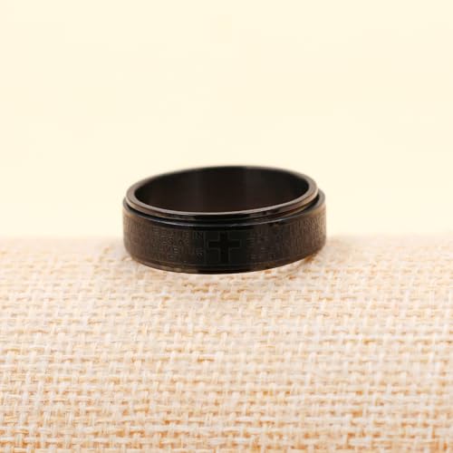 Uloveido Lord's Prayer Cross Spinner Ring for Men Engraved with Bible Verse Our Father Deliver Us From The Evil - 8mm Wide Black Titanium Steel Anxiety Fidget Band Praying Rings for Christian Z