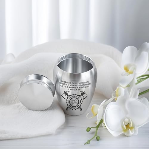 Fireman Mini Keepsake Urn, Stainless Steel Small Memorial Urn for Human Ashes, Engraved Firefighter Helmet & Axe Design, 2.56" Decorative Funeral Urn for Brave First Responders