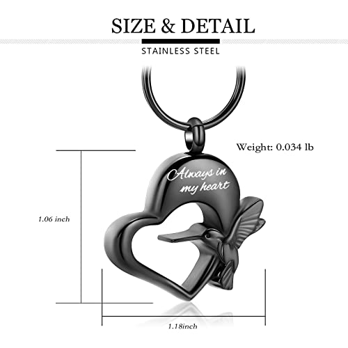 Yinplsmemory Hummingbird Cremation Keychain for Ashes Holder Always in My Heart Urn Locket Pendant Keychain Urn for Women/Men Black
