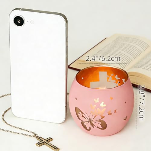 Pink Butterfly Cross Candle Holders 2Pcs Religious Christian Gifts Butterfly Pink
