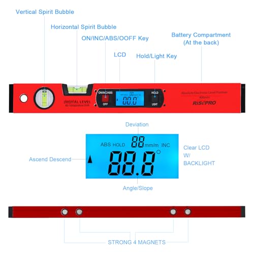 RISEPRO 16-inch digital spirit level and protractor with magnetic base, bubble vials, backlit display, and red accents