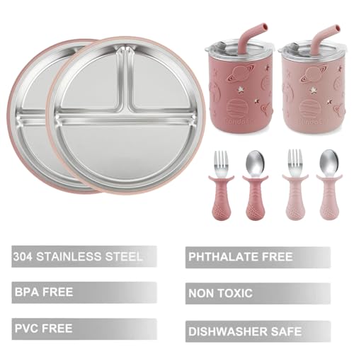PandaEar Stainless Steel Baby Feeding Set | 2 Divided Suction Plates, 2 Spill-Proof Straw Cups with Silicone Sleeves, 2 Forks & 2 Spoons | Toddler Utensils for Baby Led Weaning, BPA-Free (Pink) Pink