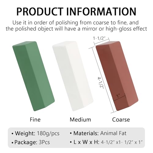 QZATTCAEN 3-piece buffing polishing compound kit in green fine, white medium, and red coarse bars