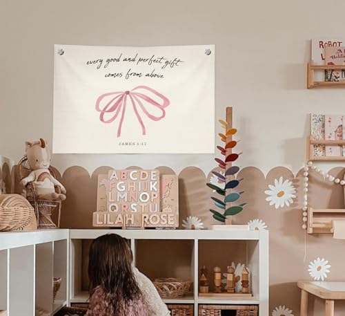 Christian Wall Decor Bible Verse Canvas Banner Pink Bow Wall Art James 1:17 (Cream color2)
