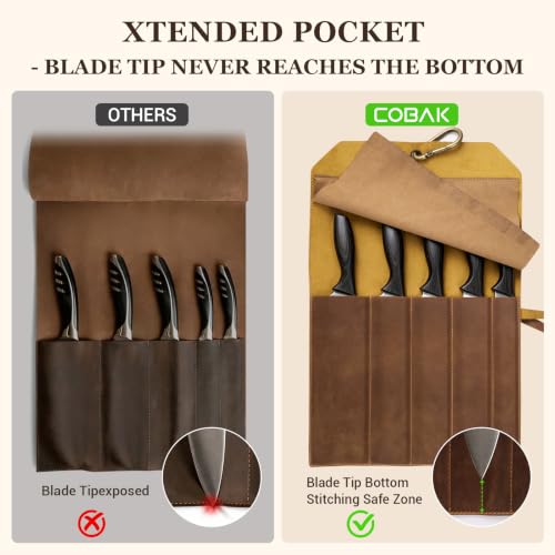 CoBak Genuine Leather Knife Roll Bag, 5-Slot Chef Knife Case with Hook