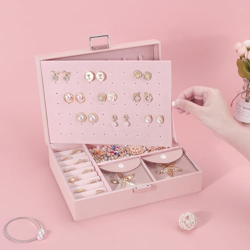 DesignSter Jewelry Box for Woman, 2 Layers Leather Jewelry Organizers and Storage with 8 Small Jewelry Pockets，Jewelry Box for Earrings Necklaces Bracelets with Cleaning Cloth Rings(Pink) Pink