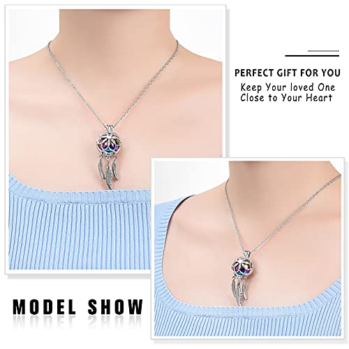 shajwo Cremation Jewelry Dream Catcher Urn Necklaces for Ashes Flower Feather Keepsake Memorial Hollow Pendant for Women Men Rainbow