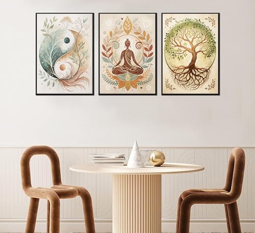 3 Pcs Tree of Life Canvas Wall Art Lotus Zen Painting Pictures Wall Decor Yin Yang Taichi Spiritual Prints Posters for Living Room Yoga Room Hotel Bedroom Home Decor 12x16in Unframed 16L"×12W" poster