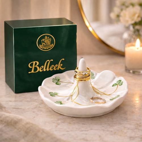 Belleek Classic Shamrock 4.4-Inch Ring Holder Dish, Handcrafted Parian China Jewelry Tray, Irish Decor, White
