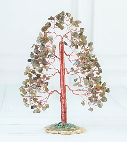 Crocon® Labradorite Crystal Tree of Life Gemstone Tree, Agate Slice Base Labradorite (Copper Wire)