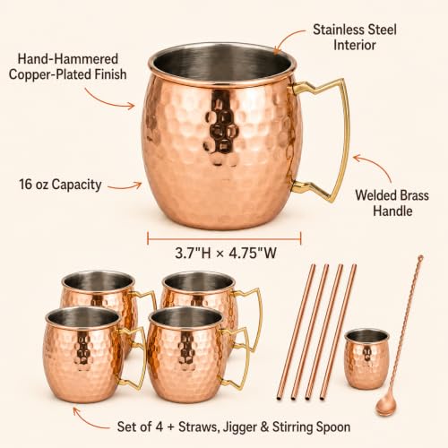 16 oz Moscow Mule Mugs Set of 4 with Straws, Jigger, Shot Glass Set of 4 - 16 Oz