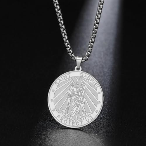 TEAMER Saint Gabriel Necklace Guardian Blessing Hope and Protection St. Gabriel Archangel Necklace Religious Jewelry For Men Silver
