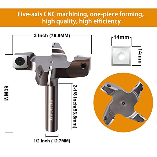 ROOCBIT CNC spoilboard surfacing router bit with 1/2-inch shank, 3-inch cutting diameter, and carbide inserts