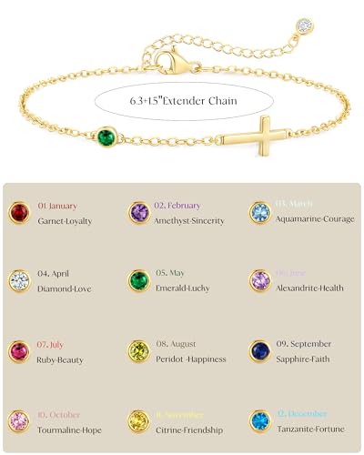 Birthstone Cross Gold Bracelets for Women Non Tarnish Trendy Green May