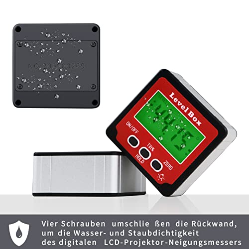 Digital LCD Protractor with Magnetic Base, IP54 Waterproof Inclinometer Bevel Box, Level Box Angle Measuring Device Inclinometer (Battery Included) Red