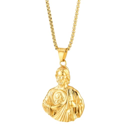 Gold-Tone Jesus Pendant Necklace for Men, Stainless Steel Religious Medal