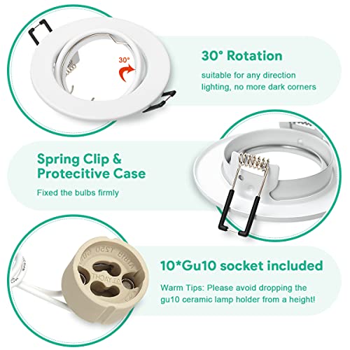 Tailcas Set of 10 Recessed Spotlights GU10 68-80 mm Hole Size Round Matt White | GU10 Recessed Frame 230V incl. GU10 Socket, 30° Swivel Recessed Spotlights and Ceiling Spotlights for LED/Halogen (Bulbs Not Included) Round, Matt White