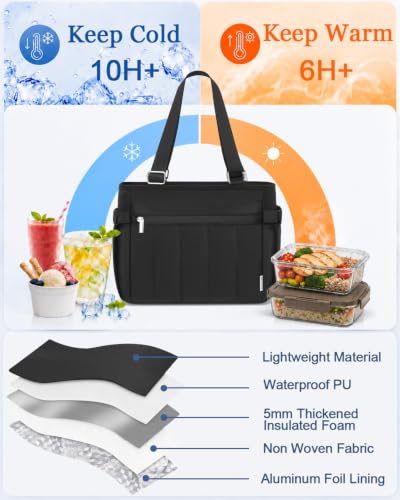 Black KEILAICO large leakproof soft insulated lunch bag for women, 10L capacity, medium size with tote-style design.