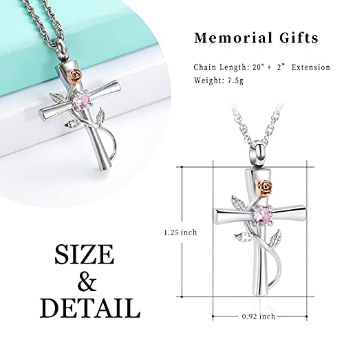 wonderful jewerly Custom Double Cross Cremation Urn Necklace Keepsake Ashes Memorial Pendant with Free Double Buckle Chain (Pink Birthstone) Pink