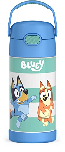 THERMOS FUNTAINER 12 Ounce Stainless Steel Vacuum Insulated Kids Straw Bottle, Super Mario Brothers & FUNTAINER 12 Ounce Stainless Steel Vacuum Insulated Kids Straw Bottle, Bluey