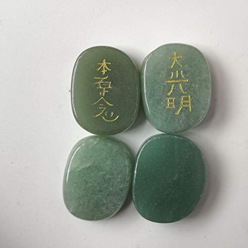 Green Aventurine Reiki Symbol Engraved Healing Crystal Stones Set of 4 | Gold Carved Chakra Palm Stones for Meditation Energy Gift, 25mm Green Aventurine