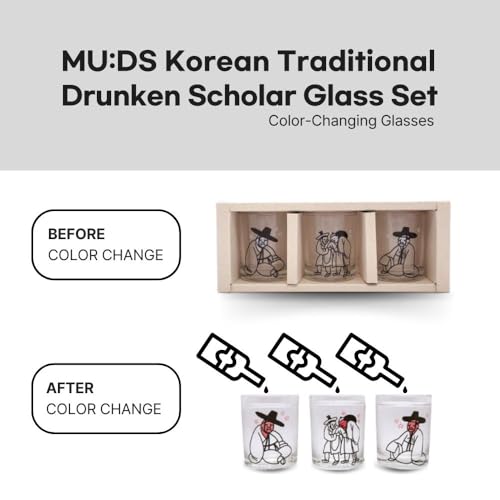 MU:DS Korean Soju Shot Glass Set of 3 – Color Changing Drunken Scholar Design, Traditional Hanbok Characters, Funny Unique Gift for Bar or Party