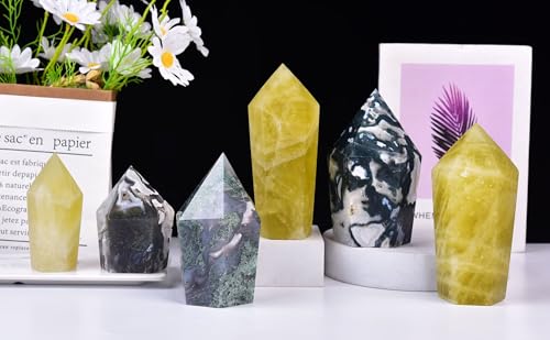 Moss Agate Stone Tower Obelisk Large Healing Crystal Rock Point Wand Reiki Healing Meditation Stone 0.6-1.1 LBS Moss Agate 0.6-1.1 Pound
