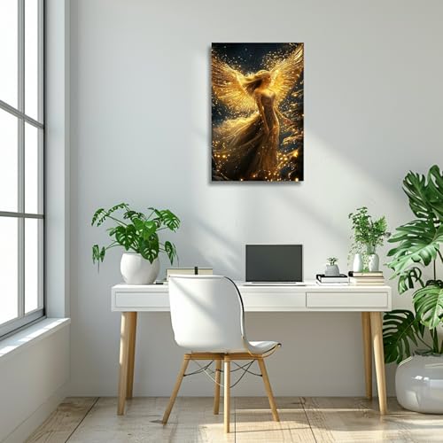 CHAOSETKEN Angel Girl Canvas Wall Art Angel & Gold Wing Pictures Prints Holy Portrait Paintings Night Sky Landscape Artwork for Living Room Office Decor Frame (24L x 16W) 24L" x 16W"