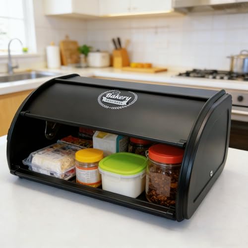 Vintage black stainless steel roll-top bread box by JunWondC, small farmhouse-style bread storage with sleek design.