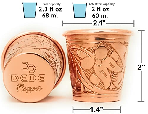 DEDE Copper - 2023 CC Series 2 oz (Set of 2) Tequila/Vodka Shot Glasses, Mini Moscow Mule Cup, Handmade Unlined Uncoated Thickest Pure Solid Copper mini Tumblers for Cocktails (Engraved Tulip) Engraved Tulip