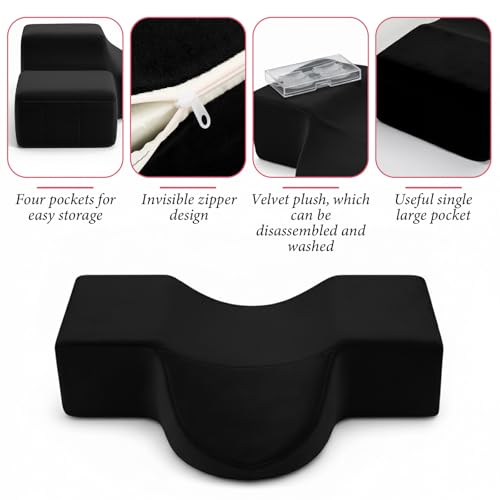 Lash Pillow for Lash Extensions, Memory Foam Lash Pillows with Neck and Back Support, Ergonomic Lash Bed Pillow with Velvet Pillowcase and Lash Organizer Pockets for Beauty Salon(Black) Black