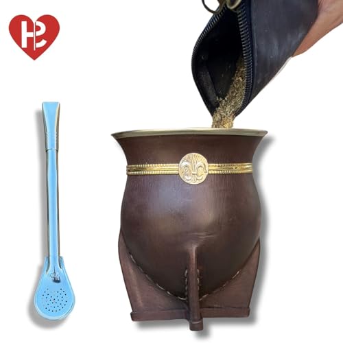Hide & Smile Camionero Premium Handmade Mate Kit, pumpkin and leather Cup And Bombilla Set, Authentic Argentine Mate Gourd Tea, Includes Straw (brown) Brown