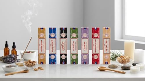 Satya Incense Gift Set Nag Champa, Super hit, Dragon's Blood, Sandalwood, Patchouli, Lavender, Positive Vibes, 15 g Scented
