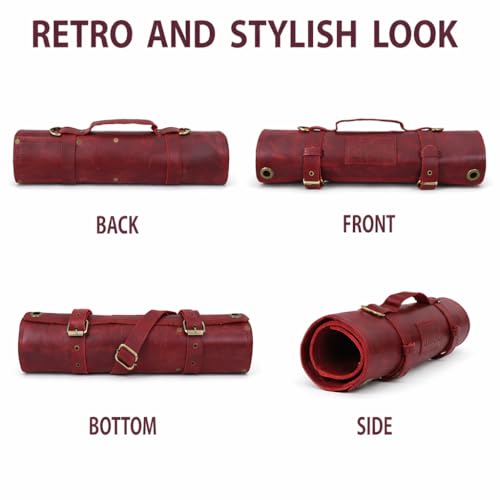 Leather Knife Roll Bag – Chef Knife Bag with 7 Pockets – Durable Crazy Horse Leather Knife Roll for Professional Chefs – Portable Knife Storage Case