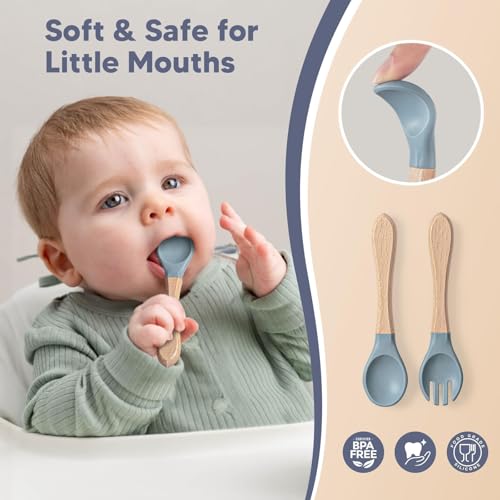 Baby Suction Plates and Bowls Set - 100% Food Grade Silicone Toddler Feeding Supplies for BLW | Stay-Put Divided Dish | Includes Bonus Bib, Cup & Soft Spoon/Fork (6-Piece) Blue