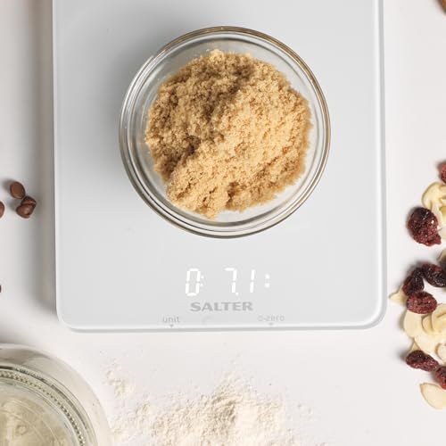 Salter 1180 WHDR Ghost Electronic Kitchen Scale- 5 KG Capacity Food Weighing Baking Scales, Hidden Until Lit Easy Read Digital Display, Large Slim Glass Platform, Add & Weigh, Measures Liquids, White Ghost White