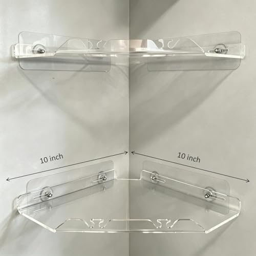 Corner Shower Caddy Shelf Rack 2 Tier Adhesive Shower Organizer Essentials - No Drilling Acrylic Bathroom Storage Rack with Hooks No Drilling Shelves (10"x10" 2 tier clear) 10"x10" 2 tier clear