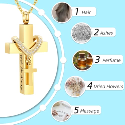Cremation Jewelry for Ashes Pendant - Cross Urn Necklace with Mini Keepsake Urn Memorial Ashes Jewelry - With Me Always Gold-With Me Always