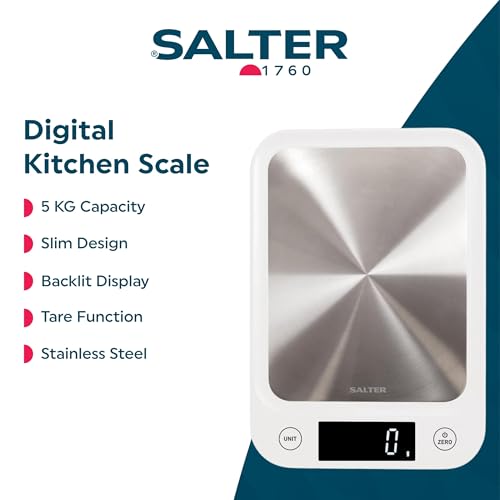 Salter 1105 SSWHDR Stainless Steel Electronic Scale - 5 KG Capacity, Large Platform Digital, Slim Design, Easy to Clean, Backlit Display, Tare Function, Accurate Readings, Batteries Included, White White Stainless Steel Kitchen Scale Single