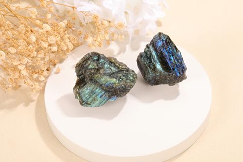 Jovivi 2pcs Raw Labradorite Crystals,Large 1.6"-2.2" Rough Stones Bulk