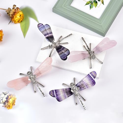 JIC Gem 2Pcs Natural Rose Quartz Crystal Dragonfly Figurines Pink Crystal Dragonfly Decoration Handmade Silver Dragonfly Crystal Healing Stone 4.0-4.5 Inch