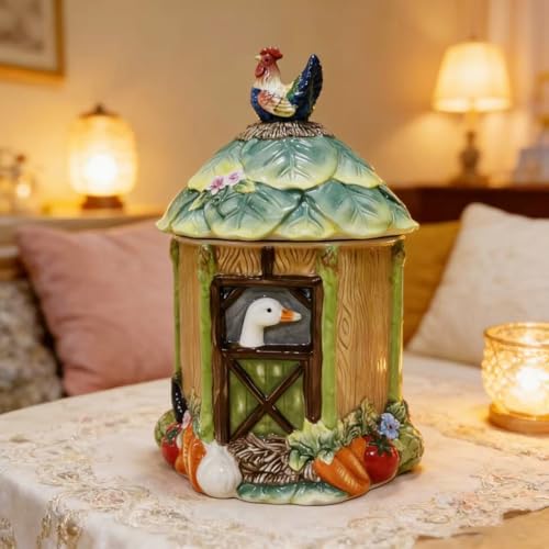 Farmhouse Cow & Rooster Cookie Jar, Rustic Farm Animal Kitchen Canister, Decorative Biscuit Storage Container for Countertop