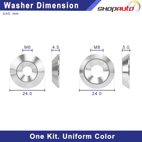 Silver aluminum tapered flat washers, 24mm OD, M6 and M8, 16-piece set